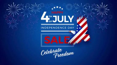 4 Temmuz 'da ABD bayrağı, kartalı ve cesur tipografisi olan bir video klip satışı. İllüstrasyon el çizimi ve parlayan havai fişek arka planı yapay zeka araçlarıyla üretiliyor. Kırmızı beyaz mavi