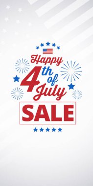 Mutlu 4 Temmuz İndirimleri dikey afiş şablonu. Kalın satılık metin, havai fişekler, Amerikan bayrağı ve mavi yıldızlı vektör çizimi. Sosyal medya hikayeleri, mobil reklamlar, kaplamalar, tatil satışları ve şenlikli pazarlama için mükemmel..