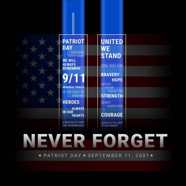 9-11 Anma Vektörü illüstrasyonunu asla unutma. İkiz kuleli tipografik konsept, Aydınlık Haraç, Amerikan bayrağı arka planı. Anma etkinlikleri, sosyal medya, Vatanseverlik Günü grafikleri, haraç, eğitim materyalleri için ideal