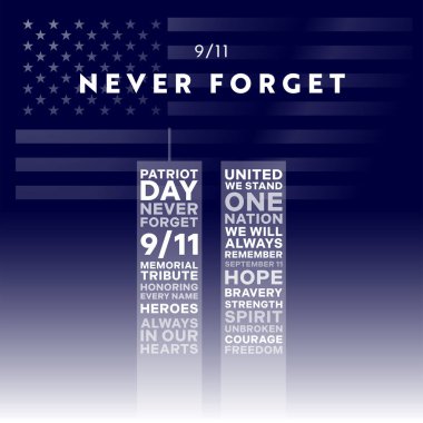 Vatansever Vatanseverler Günü Vatansever arka plan vektörünü asla unutma. 9 / 11 anma sosyal medya paylaşımları için anlamlı kavramsal illüstrasyon. Metinden yapılmış ikiz kuleler - Birlikteyiz, hatırlıyoruz