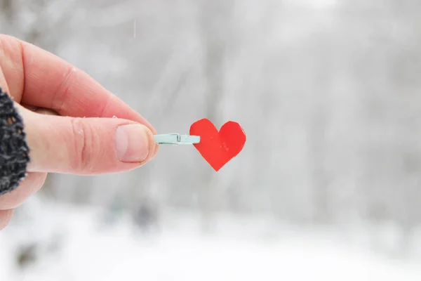 Creative winter background with paper heart. Love winter idea.