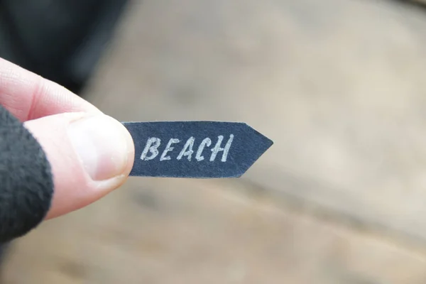 Beach pointer concept. A hand holds a pointer with the inscription beach on a vintage background.