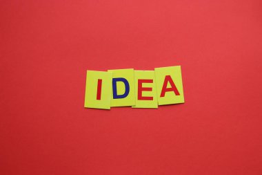 Idea concept. The inscription on the yellow tags on a red background.