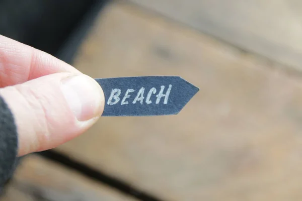 Beach idea. A hand holds a pointer with the inscription beach on a vintage background.