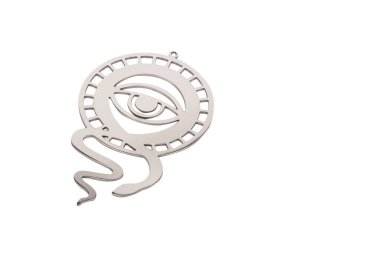 Mystical Eye Pendant: Silver Abstract Jewelry Design with Serpentine Accents - Unique Metallic Charm featuring Geometric Patterns and Symbolic Elements clipart