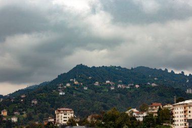 Ayeli, Rize, Türkiye Geleneksel Evleri 'nin Misty Tepeleri ve Türkiye Kırsalında Yeşillikle çevrili Bir Cami