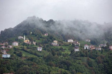 Ayeli, Rize, Türkiye Geleneksel Evleri 'nin Misty Tepeleri ve Türkiye Kırsalında Yeşillikle çevrili Bir Cami