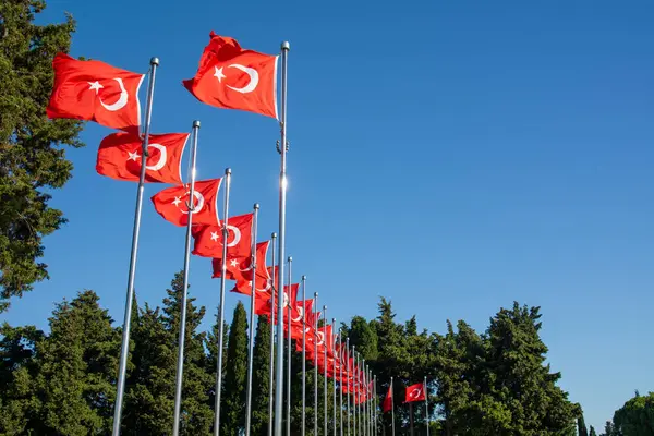 Türk Ulusal Bayrağı Açık Mavi Yaz Gökyüzüne Karşı Dalgalanıyor: Türkiye 'de Hilal Ay ve Yıldız Bayrağında Çoklu Kırmızı Bayraklar