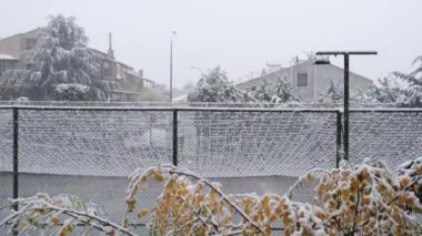 Bir Bahçede Karlı Basketbol Sahası Ağaçlı ve Net Kapaklı Huzurlu Kış Karlı Yağışı Altında