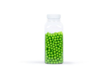 Transparent Plastic Bottle with Green Spherical Pills on White Background  Medicine, Healthcare, and Pharmaceutical Supplement Concept clipart