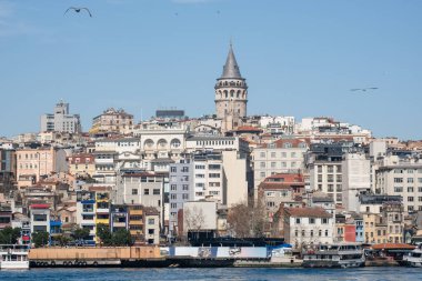 İstanbul Skyline with Galata Tower and Bosphorus Waterfront: Akdeniz Sahil Sahili 'nde Turizm Tekneleri ve Limanı Olan Tarihi Türk Kenti Panoramik Manzarası