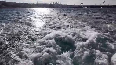 Güneşli bir günde İstanbul 'da Denizlerin Üzerinde Uçan Martılarla Deniz Feribotu, Türkiye Güzel Şehir Manzarası ve Arkaplanda Okyanus Dalgaları