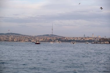 Sakin sularda süzülen teknelerle sakin bir rıhtım manzarası uzak bir şehir manzarası ve uçsuz bucaksız bulutlu gökyüzünün altında süzülen martılarla çevrelenmiş..