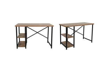 Siyah metal çerçeveli ve dahili rafları olan modern sanayi tipi ahşap masa, ev ofisi, çalışma alanı veya çalışma alanı için ideal, işlevsellik ve minimalist tasarımın birleştirilmesi.