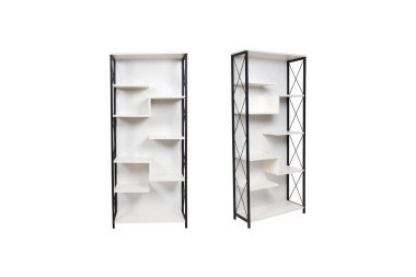 Modern endüstriyel kitaplık, siyah metal çerçeveli ve beyaz geometrik raflarla, ev, ofis veya oturma odası için mükemmel, şık bir depolama ve çağdaş tasarım sunuyor..