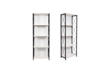 Modern endüstriyel kitaplık, siyah metal çerçeveli ve beyaz geometrik raflarla, ev, ofis veya oturma odası için mükemmel, şık bir depolama ve çağdaş tasarım sunuyor..