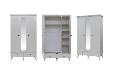 Modern Ahşap Gardırop Koleksiyonu İki Tonlu Tasarım - Beyaz ve Doğal Meşe Yatak Odası Dolapları Açık Raflı ve Kapalı Çağdaş Konutlar Deposu