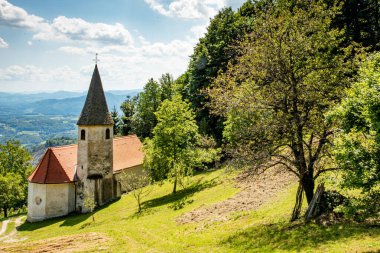 Slovenya 'nın manzarası. Çayır ve orman arasındaki dağda küçük beyaz bir kilise var.