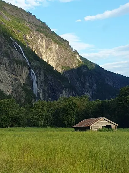 Dağlarda şelale, Norveç. Bir tarlanın ortasında ahşap evle yaz manzarası