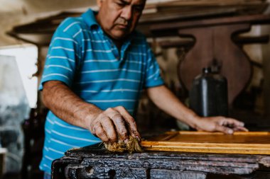 Latin Amerika 'daki mobilya atölyesinde çalışan İspanyol kıdemli marangoz.