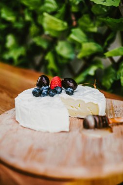 Brie cheese with honey and blueberries board, fresh fruit and nuts or Appetizers table in Mexico Latin America