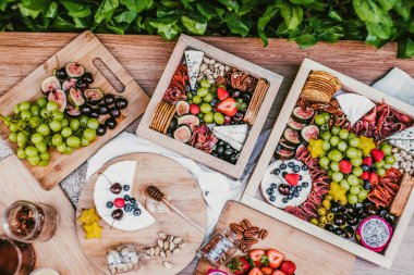 Appetizers table with brie cheese, fruit and snacks. Cheese and meat variety board in Mexico Latin America