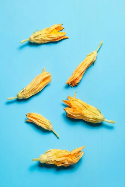 squash blossom or Zucchini flowers on blue background, Mexican food in Mexico Latin America