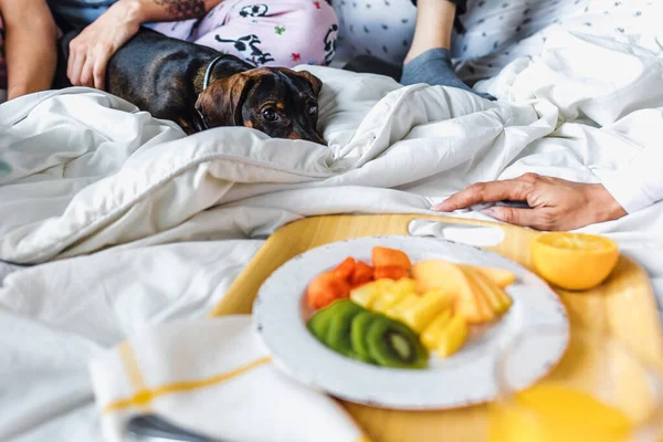 family of women having breakfast on bed and dog pet at home in Latin America