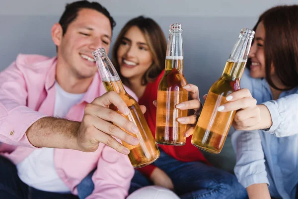 Hispanic Friends Drinking Beer Watching Soccer Game Television Home Mexico — Zdjęcie stockowe