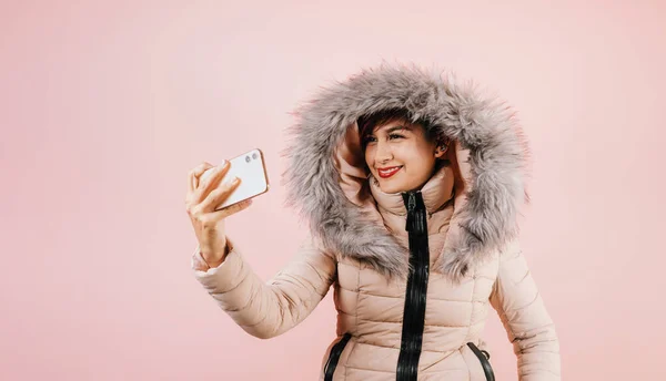 Portrait Young Hispanic Girl Winter Coat Smiling Looking Camera Pink — Foto Stock