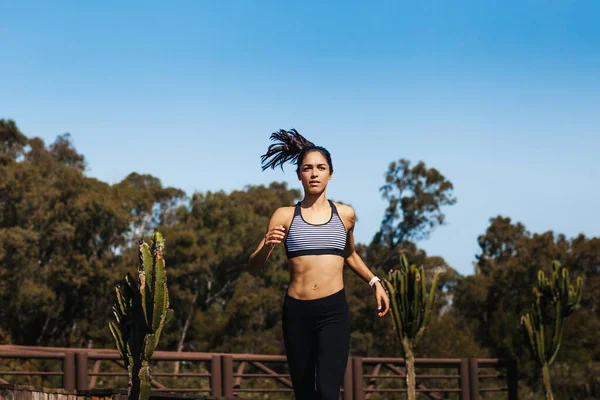 stock image Latin young woman running outdoors in park at Mexico, Hispanic female fitness sport