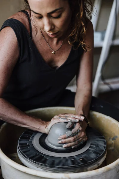 Hands Latin Woman Potter Creating Clay Pot Pottery Wheel His — Stock Photo, Image