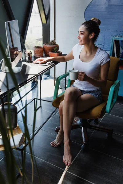 Evdeki Masaüstü Bilgisayarı Nın Dairesinde Çalışan Genç Latin Kadın Yaratıcı — Stok fotoğraf