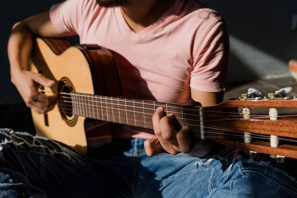 Latin Man Playing Acoustic Guitar Sitting Floor Living Room Sunny — Foto Stock