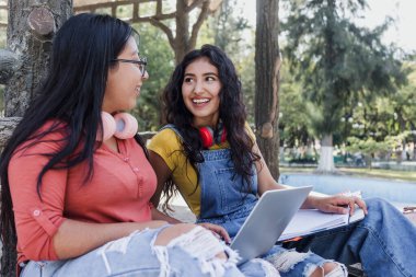 Latin Amerika 'daki bank parkında dizüstü bilgisayar kullanan iki genç Latin kız öğrenci. 