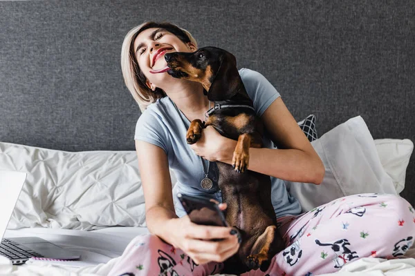 Latin Latin kökenli, köpekli, dachshund evcil hayvanı olan genç bir kadın Meksika 'da Latin Amerika' da, Latin bir kadın. 