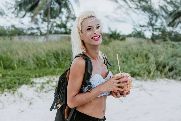 Tourist Transgender Woman Backpacker Holding Coconut Beach Mexico Latin America — Stock Photo, Image