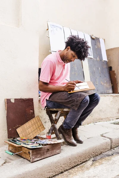 Uomo Africano Americano Artista Pittore Nella Pittura Strada Sul Sentiero — Foto Stock