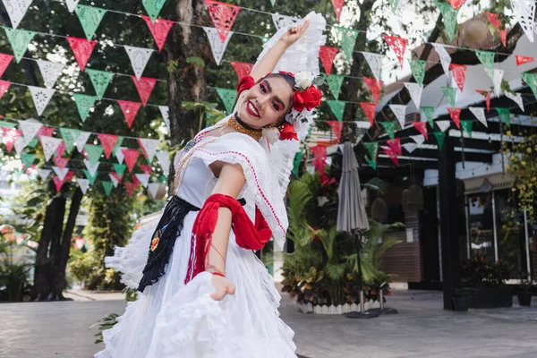 stock image Latin woman wearing traditional Mexican dress traditional from Veracruz Mexico Latin America, young hispanic female in independence day or cinco de mayo parade or cultural Festival Party