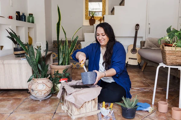 Genç Latin Bir Kadın Evde Bir Bitkiyi Saksılıyor House Plants — Stok fotoğraf