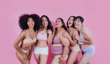 Latin kökenli farklı yaş, ten ve vücut yapısına sahip Latin kadınlar Latin Amerika 'da vücut pozitifliği, iç çamaşırlı İspanyol kadınlar veya pembe arka plandaki iç çamaşırları.