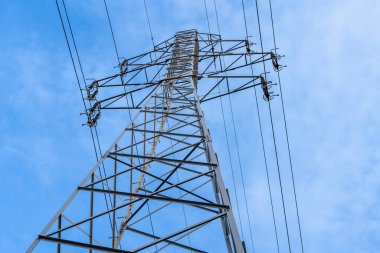 Şehre ve köye elektrik sağlamak için elektrik istasyonu. Yüksek voltajlı elektrik kulesi. Yakın plan. Mavi gökyüzüne karşı güç hattı. 