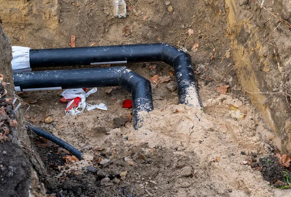 Black Pipes Ground Sand Installation Sewer Pipes City Close — Stock Photo, Image