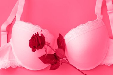 Eflatun arka planda beyaz sütyen. Sütyen, dantel iç çamaşırı ve mor bir arka plan. Güzellik blogu konsepti. Üst manzara, düz yatış. 2023 yılının rengi