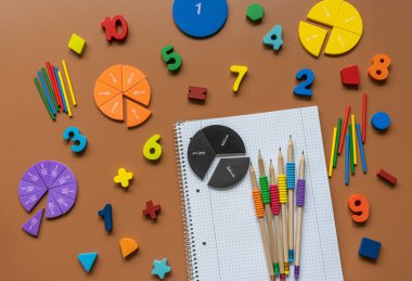 Kesirler, cetveller, kalemler, kahverengi arka planda not defteri. Matematik ve okul için malzeme seti. Okula dönüş, eğlenceli eğitim konsepti.