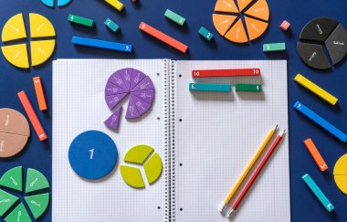 Okul kırtasiyesi, mavi arka planda kesirler. Okula dönmek, eğlenceli eğitim konsepti. Matematik ve okul için malzeme seti. Kapat.