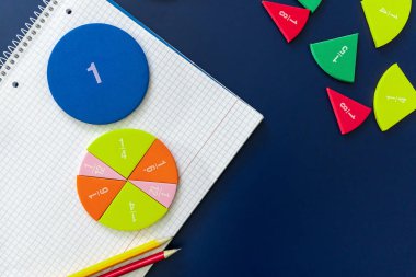 Mavi arka planda matematik kesirleri. Çocuklar için ilginç bir matematik. Eğitim, okul konseptine geri dönelim. Geometri ve matematik materyalleri. Kapat.