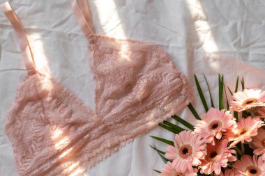 Yatağın üzerinde yumuşak pembe dantel sütyen. Kadınlar yumuşak iç çamaşırları, iç çamaşırları. Üst Manzara, kapat. Düz yatak, güzellik blogu ya da sosyal medya minimum konsepti. Sevgililer Günü, Kadınlar Günü hediyesi.