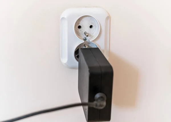 White Broken Electrical Socket Fell Out Wall Socket Torn Wall — Stock Photo, Image