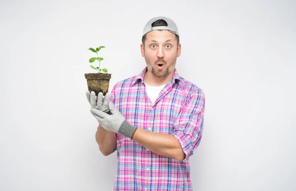 Gardener Masculino Surpreendido Que Prende Planta Solo Com Planta Suas — Fotografia de Stock